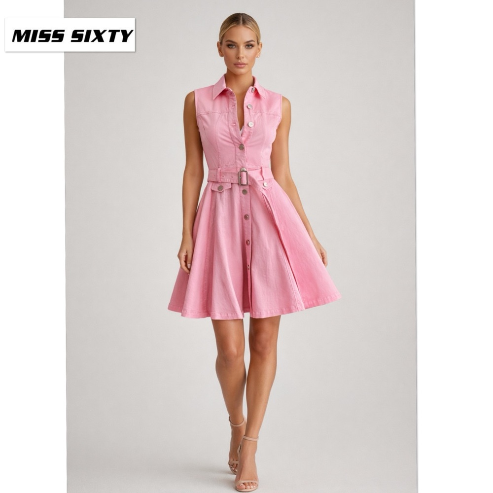 Miss Sixty Pink Stretch Denim Button Front A-Line Dress Belted XXS Y2K Barbie